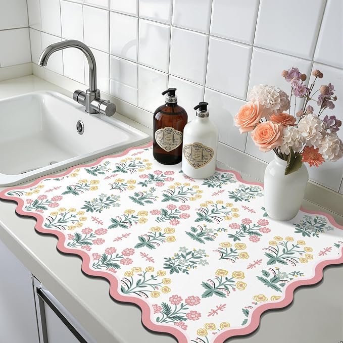 LOKHOM Scalloped Floral Dish Drying Mat, 18"x24" Super Absorbent Coffee Mat with Unique Pink Pastoral Floral, Cuttable Hide Stain Non-slip Drying Mat for Kitchen Counter Coffee Maker Espresso Machine