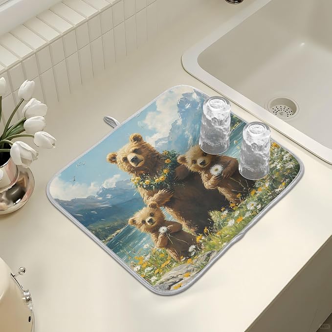 Three Bear Dish Drying Mat for Kitchen Ccounter Absorbent Microfiber Small Drying Pad Dandelion Wildflowers Dish Mats for Kitchen Countertops 16 x 18 Inch