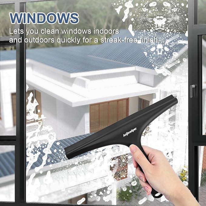 Shower Squeegee for Glass Doors, 10 Inch Bathroom Squeegee for Shower Glass | Streak Free No Squeak, Anti-Rust, All Purpose Glass Squeegee with Hook, for Walls, Mirror, Window, Car, Water & Soap Removal