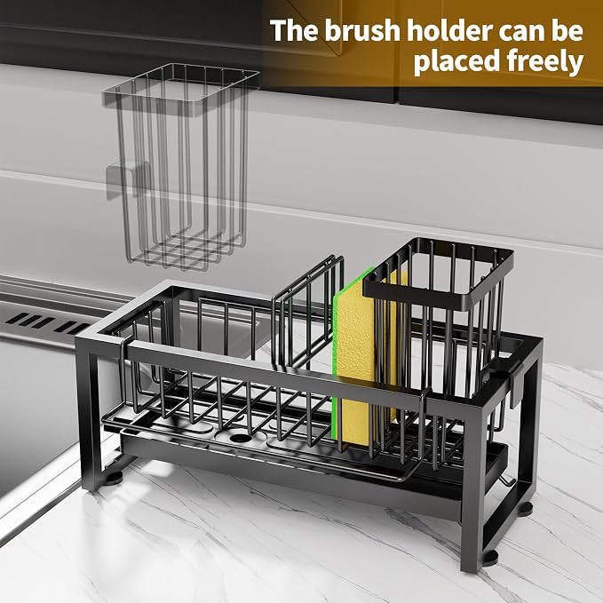 Sponge Holder for Kitchen Sink, 304 Stainless Steel Sink Caddy with Tall Brush Holder & Self-Draining Tray, 3-Compartment Countertop Organizer for Dish Soap Dispenser, Sponge, Scrubber, Black