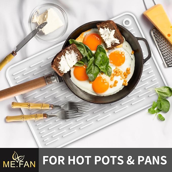 ME.FAN Silicone Dish Drying Mat for Kitchen Counter, Dish Drying Pad for Sink, Refrigerator or Drawer, Countertop Protection Pad L - 18''×16'' - White