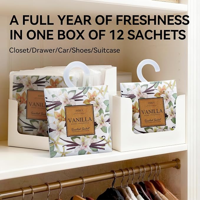 12 Pack Vanilla Scented Sachets, Air Freshener for Home& Small Spaces | Hanging Sachet Bags with Retractable Hook; Closet Deodorizer & Odor Eliminator for Drawers, Shoe Cabinets, Cars & Luggage
