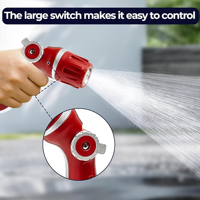 HugeDawn Garden Hose Nozzle, Heavy Duty High Pressure Metal Hose Spray Nozzle with 30% Greater Water High Flow, 3 Spray Patterns, Non-Slip Thumb Control for Quick Watering & Cleaning (Red)