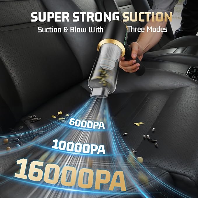 Cordless Car Vacuum Cleaner: Handheld Vacuum with 16000Pa Strong Suction, 𝐁𝐫𝐮𝐬𝐡𝐥𝐞𝐬𝐬 𝐌𝐨𝐭𝐨𝐫 & HEPA Filter, 7-in-1 Cleaning Kit, Type-C Charging for Home Office Car - Black | Handheld Vacuum Cleaner with Brushless Motor - LED Battery Display...