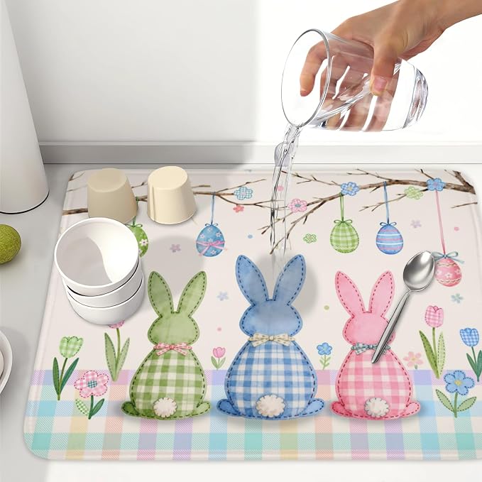Easter Bunny Dish Drying Mat for Kitchen Counter 18 x 24 Inch Rabbit Eggs Dish Drainer Mat Absorbent Microfiber Dish Rack Pad for Spring Holiday Coffee Dining Bar Decor