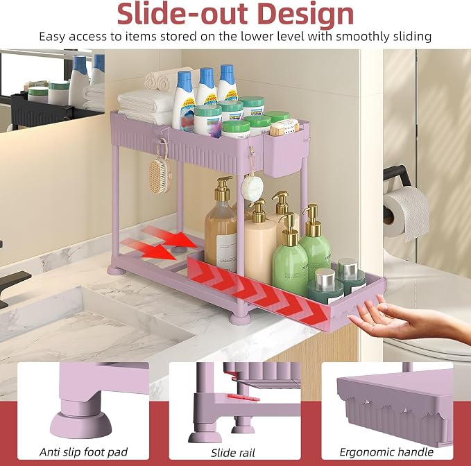 Sevenblue 4-Pack 2-Tier Under Sink Organizer with Pull Out Drawers | Multi-use kitchen & bathroom storage. Includes hanging hooks and cups. Pink, space-saving cabinet design. 14.8 Inch