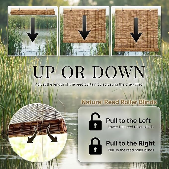 Light Filtering Privacy Screen Bamboo Blinds, 24" 36" 48" 60" 72" 78" Roman Shades for Indoor Windows, Outdoor Roll Up Bamboo Roller Shades Patio Gazebo, Cordless No Drill Blinds for Windows