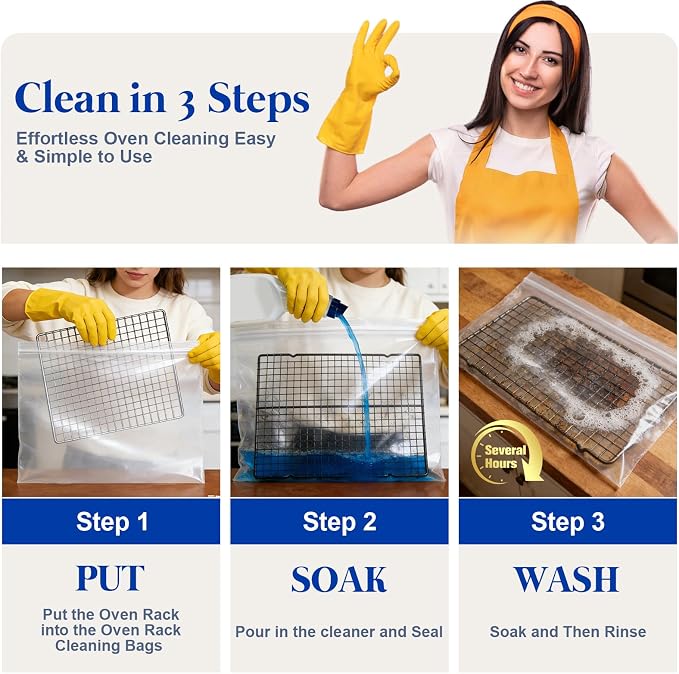 Oven Rack Cleaning Bags 19.6 x 27.5 Inch, 5 Pack | Heavy-Duty, No-Scrub Soaking, Side Zipper Opening, Reusable, Leak-Resistant