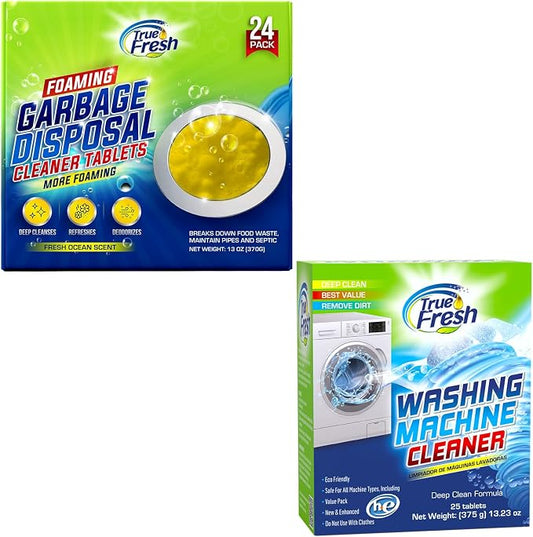 True Fresh 25 Washing Machine Cleaner Tablets & 24 Garbage Disposal Cleaner Tablets, Perfect Combo for sink and washers, Compatible with all washing machines and disposal brands - 12 Month Supply