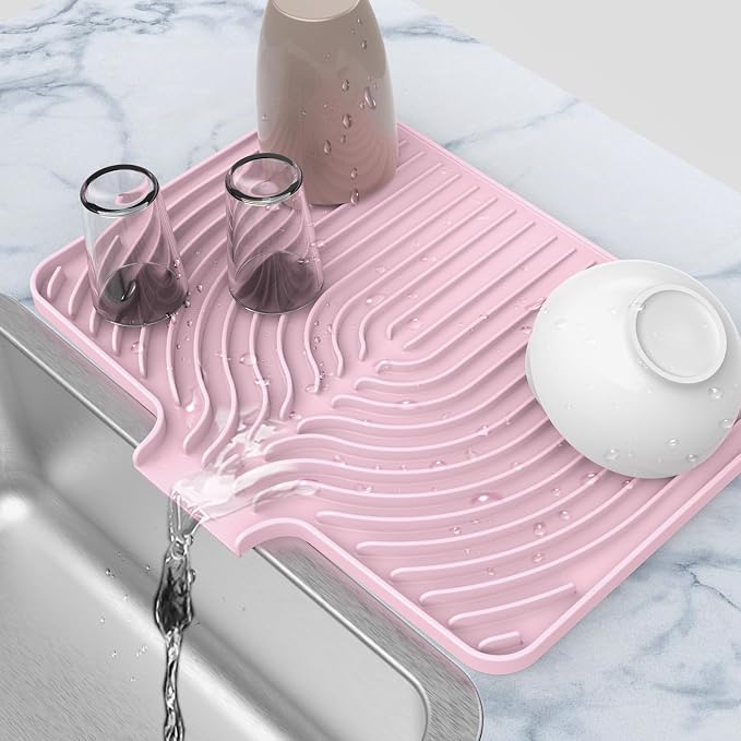 Dish Drying Mat for Kitchen Counter, 18"x12" Dish Drying Rack (pink) | Various Sizes & Colors,Steep-Slope Built in Drain,High-fin Ventilation,Food-grade Silicone,500F heat resistant,for Flat sinks