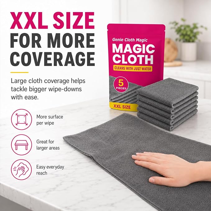 5 PackGenie Cloth Magic Cloth,Genie Magic Cleaning Cloth,Lint Free MicrofiberCleaning Cloths for Glass, Window, Kitchen,Stainless Steel,Cars & Screens,Reusable,5-Pack (1PCS)