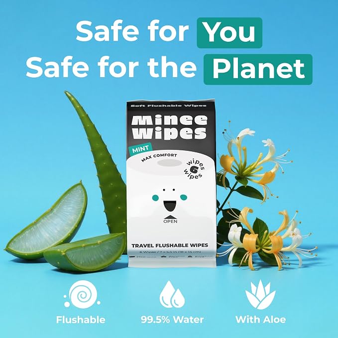 Impossibly Compact Travel Flushable Wipes - 99.5% Water and Aloe - Safe for Sensitive Skin - Travel Essentials for Adults & Kids, Mint, 8 Pack 48 Wipes