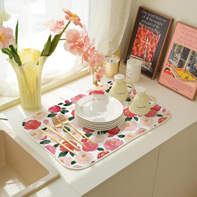 Floral Dish Drying Mat 18x24 Inch Watercolor Red Pink Flower Drying Mat Vintage Spring Summer Valentines Day Romantic Absorbent Dish Drying Pad Dish Rack Drainer Mats for Kitchen Dining Counter