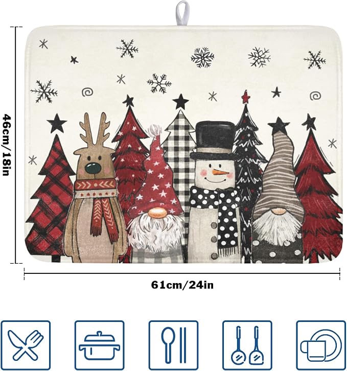 Giwawa Winter Snowman Gnome Dish Drying Mat Xmas Tree Dishes Pad 18"x24" Microfiber Fast Dry Dish Drainer Rack Mats Kitchen Countertop Accessories