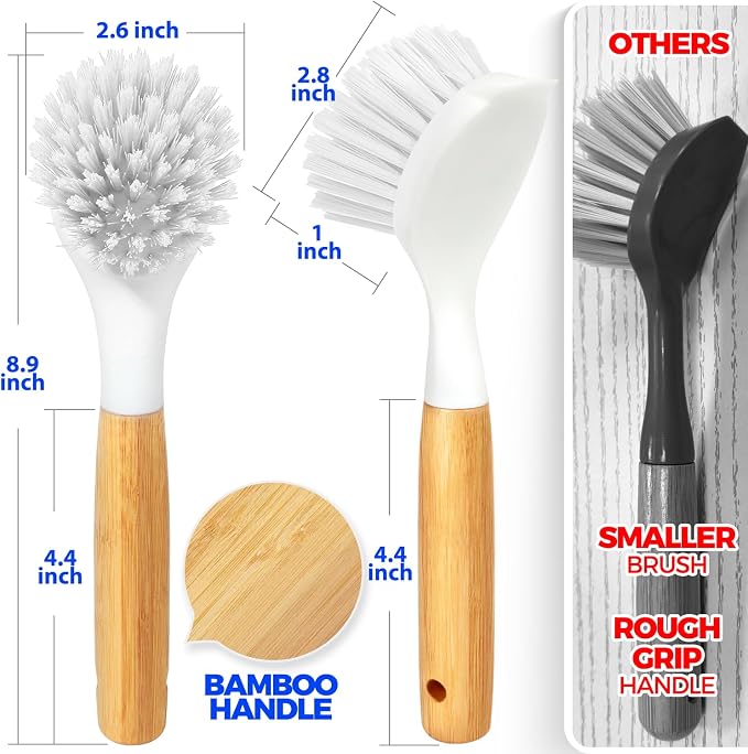 Holikme 3 Pack Dish Brush Set with Bamboo Handle, Kitchen Cleaner for Cleaning Pasta Plate, Salad Bowl, Scrubber with Soft Bristles, White