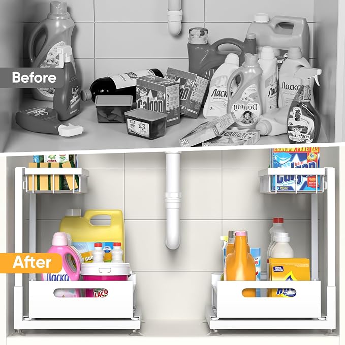 Saydear L-Shaped Under Sink Organizer, 2-Tier Pull-out Cabinet Rack 1-Pack | White Height-Adjustable Steel Rack, Sliding Grid Drawers with PP Liners, Holds 100 Lbs, Suction Base, Ideal Kitchen Storage