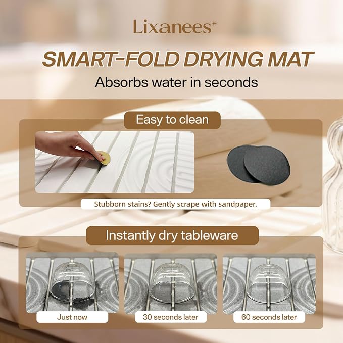 Stone Drying Mat for Kitchen Counter, 23.62"X15.35" Absorbent Diatomaceous Collapsible Quick Drying Dish Mats，Roll This Non-Slip Highly Absorbent Drying Mat Into a Compact Size for Seamless Storage