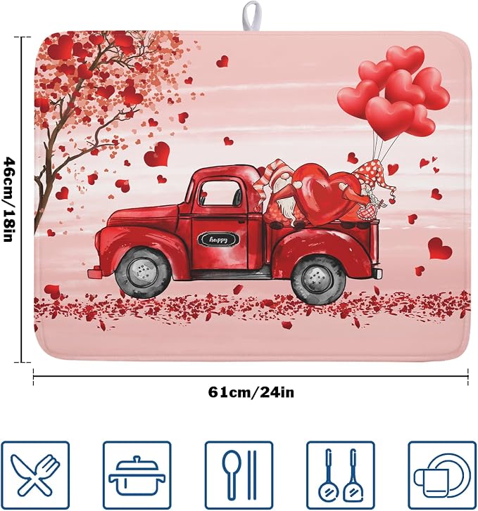 Valentine's Day Dish Drying Mats for Kitchen Counter, Happy Valentine's Day Dish Mat Absorbent Reversible Microfiber Dish Drying Pad Love Kitche Mat Dish Drainer Rack Mats for Coffee Bar 18"x24"