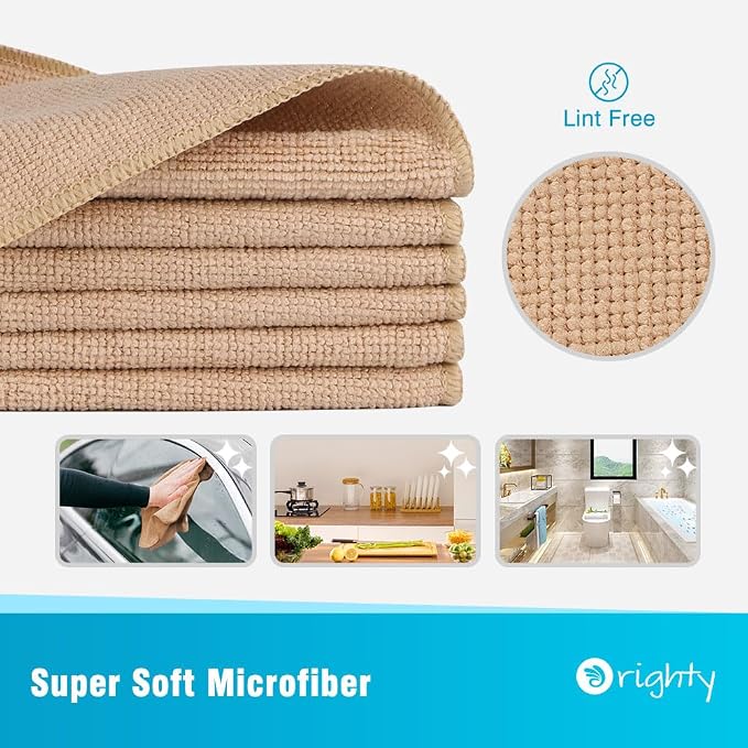 Orighty Microfiber Cleaning Cloth, Cleaning Rags, 12 Pack, 12x11 in, Brown | Microfiber Towels for Cars, Soft Highly Absorbent Rag, Lint Free Cloths for Car Care, House, Kitchen