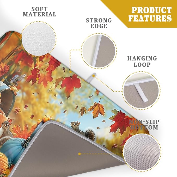 Fall Dish Drying Mat for Kitchen Counter Autumn Pumpkin Cute Squirrel Microfiber Absorbent Dish Draining Reusable Washable Foldable Extra Large 18"x24"