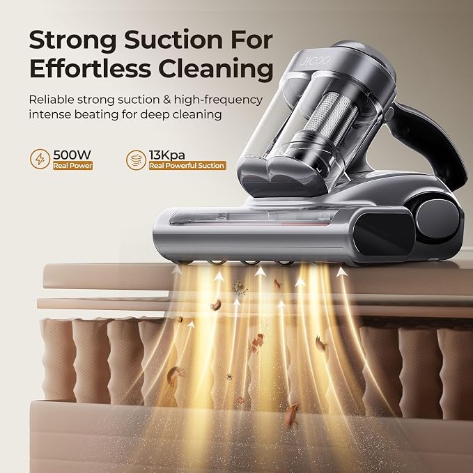JIGOO Bed Vacuum Cleaner with Dust Sensor, Mattress Vacuum Cleaner with UV & Ultrasonic and High Heating, 13Kpa Suction 500W Powerful Double-Cup Handheld Vacuums (J300, Gray)