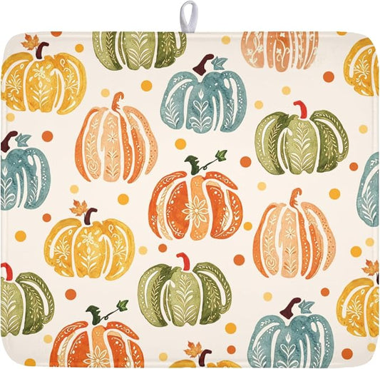 Fall Dish Drying Mat for Kitchen Counter 16 x 18 Inch Colorful Pumpkin Dish Drainer Mat Absorbent Microfiber Autumn Thanksgiving Harvest Dish Rack Pad for Coffee Dining Bar Decor