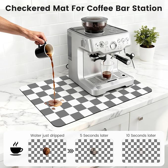 Checkered Dish Mat for Kitchen Coffee Station, 16" x 24" Grey | Quick Drying & Absorbent Mat for Coffee Bar Espresso Machine Countertops Accessories
