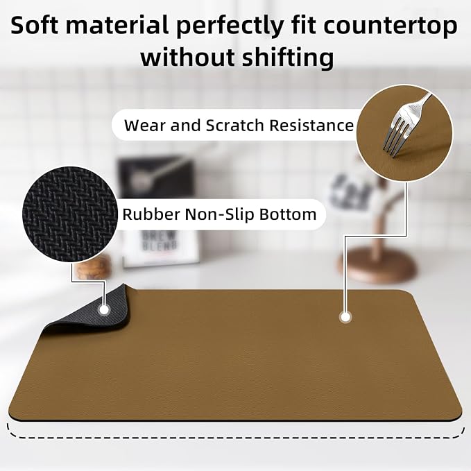 LOPNUR Kitchen Dish Drying Mat, 24"x16" Large Dish Drying Mats for Kitchen Counter, Diatomite Coffee Mat, Super Absorbent Dish Drying Pad, Heat Resistant Mat with Anti-slip Rubber Backed, Brown