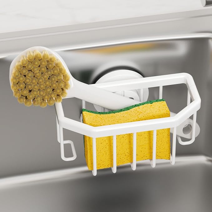 TAILI Sponge Holder for Kitchen Sink with Strong Suction Cup Removable, Rustproof Aluminum Sink Caddy for Sponge, Brush, Scrubber, Scraper -White