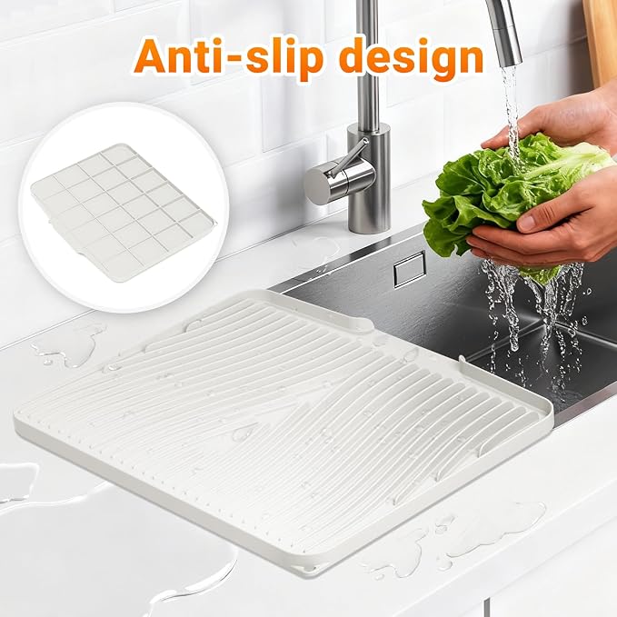 Silicone Dish Drying Mat for Kitchen counter, 19.7"x17" 2Pcs Extra Large Non-Slip Drain Pad with Built-in Drainage, Heat Resistant Dishwasher Safe, Cream