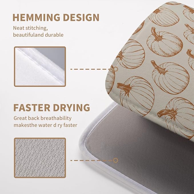 Fall Pumpkin Dish Drying Mat for Kitchen Counter Burnt Orange Autumn Thanksgiving Dish Mat Absorbent Microfiber Kitchen Countertop Protector Dishes Drying Pad Medium Drying Mats 16x18 Inch