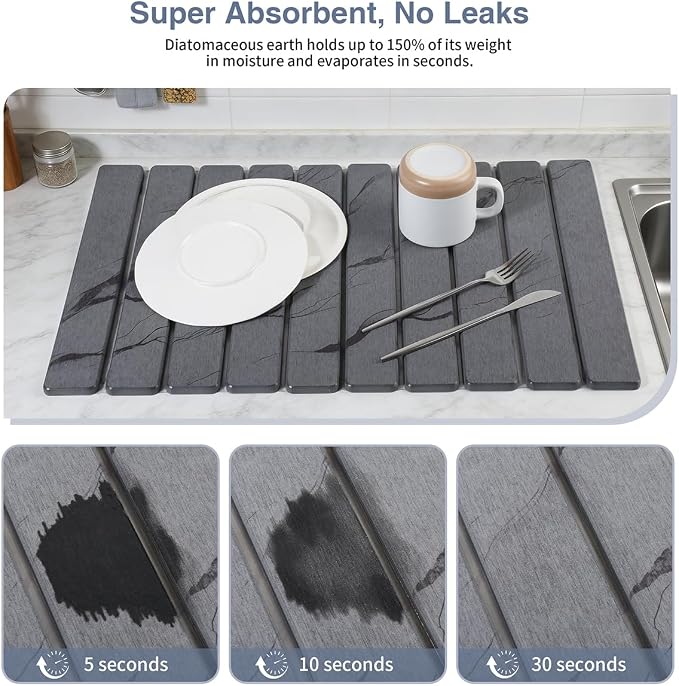 Diatomaceous Earth Stone Dish Drying Mat, 24 x 16 Inches Large | Fast-absorbing in 30s, Eco-friendly stone, foldable, heat-resistant, great for kitchen counter, cups, utensils, pet bowls