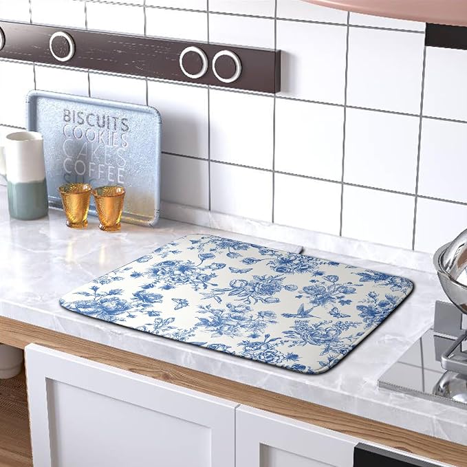 Dish Drying Mat for Kitchen Counter Blue and White Floral Drying Mats Chinoiserie Vintage Flowers Dish Drying Pad for Dishes Microfiber Absorbent Dish Drainer Rack Mat for Countertop 18x24 Inch