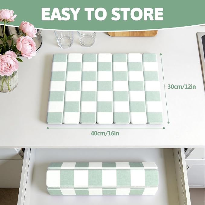 Yamaziot Stone Drying Mat for Kitchen Counter, 16"x12" Foldable Ultra Absorbent Stone Drying Mat, Quick-Dry Diatomaceous Earth Mat, Non-Slip Heat Resistant Mat for Dishes, Cups, Bottles, Green