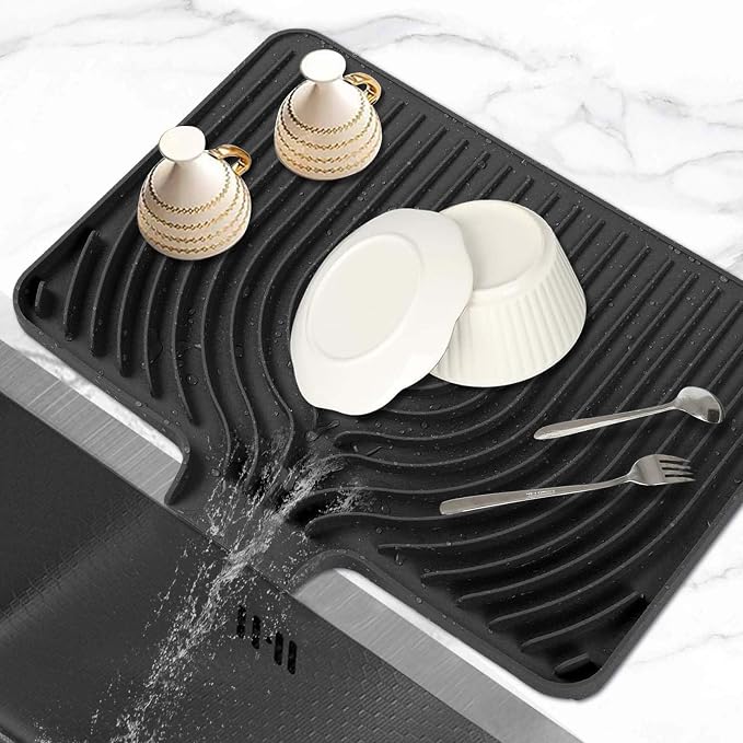Dish Drying Mat for Kitchen Counter, with Built-in Drain Lip, Food-Grade Silicone, Easy Clean Pad for Countertop Protection, Multi-Functional Use (18 x12 Raised Sink, Black)