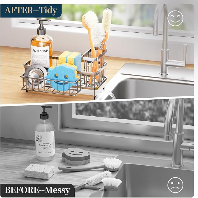 Consumest Sponge Holder for Kitchen Sink - Auto Draining Sink Caddy Organizer with Detachable Rack, High Brush Holder, Kitchen Countertop Storage Accessories, Silver