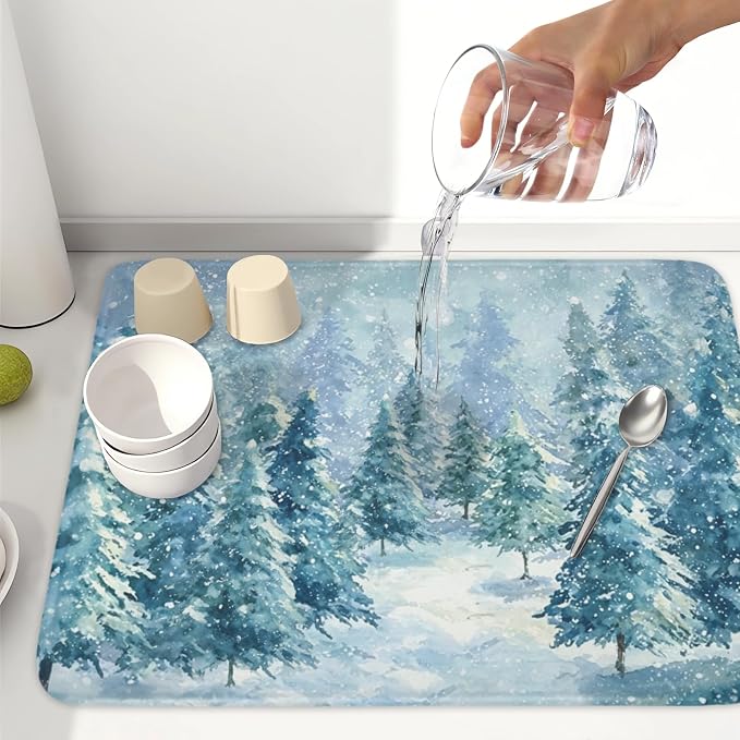 Winter Forest Dish Drying Mat for Kitchen Counter 18x24 Inch | Blue Christmas Pine Trees Snow Scene Dish Drainer Mat Rustic Seasonal Holiday Absorbent Washable Drying Pad