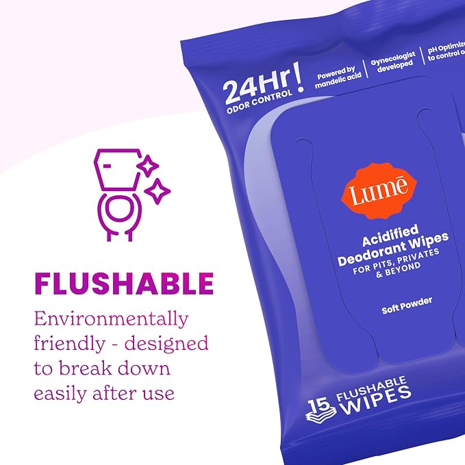 Lume Acidified Deodorant Wipes - 24 Hour Odor Control - Whole Body Deodorant Wipes - Aluminum Free, Baking Soda Free, Skin Loving - Flushable - 15 Count - 3 Pack (Soft Powder)