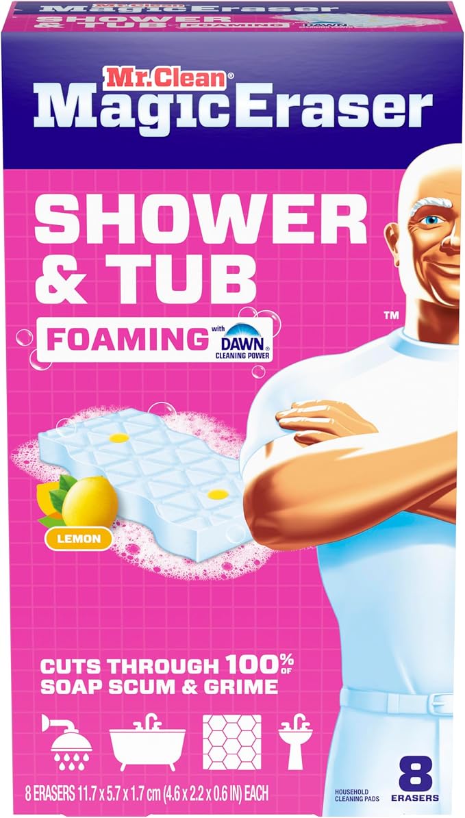 Mr. Clean Magic Eraser Sponge, Bathroom, Shower, Tub Cleaner, Soap Scum Remover, Bathroom Cleaning Supplies, Dawn Cleaning Power with Lemon Scent, Shower & Tub, 8ct