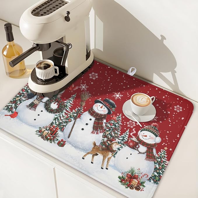 Christmas Snowman Dish Drying Mat for Kitchen Counter 18x24 Inch | Red Xmas Theme Trees Snowflake Pattern Dish Drainer Mat Rustic Winter Holiday Absorbent Washable Drying Pad