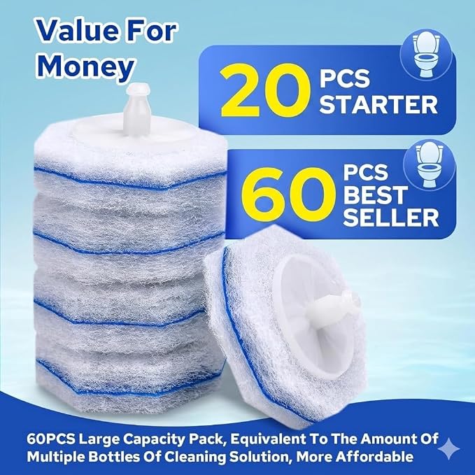 20pcs Disposable Toilet Brush Refills, Toilet Bowl Cleaner Refill Pads, Compatible with Most Toilet Cleaning Wands, Replacement Scrubber Heads for Deep Bathroom Cleaning, 20 Count