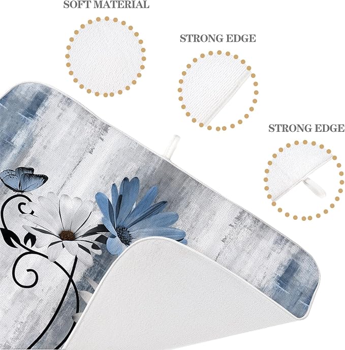 Rustic Daisy Floral Dish Drying Mats 18x24 Inches for Vintage Flower Blue Kitchen Drying Mats Seasonal Outdoor Decorations Absorbent Drying Dish Mats for Kitchen Dining Room Counter Decor