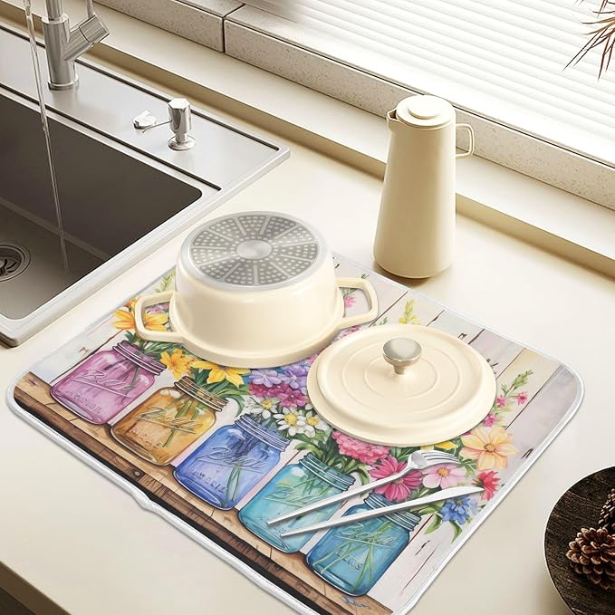 Spring Floral Jars Rustic Dish Drying Mat for Kitchen Counter Absorbent Microfiber Large Drying Pad Flowers Dish Mats for Kitchen Countertops 18 x 24 Inch