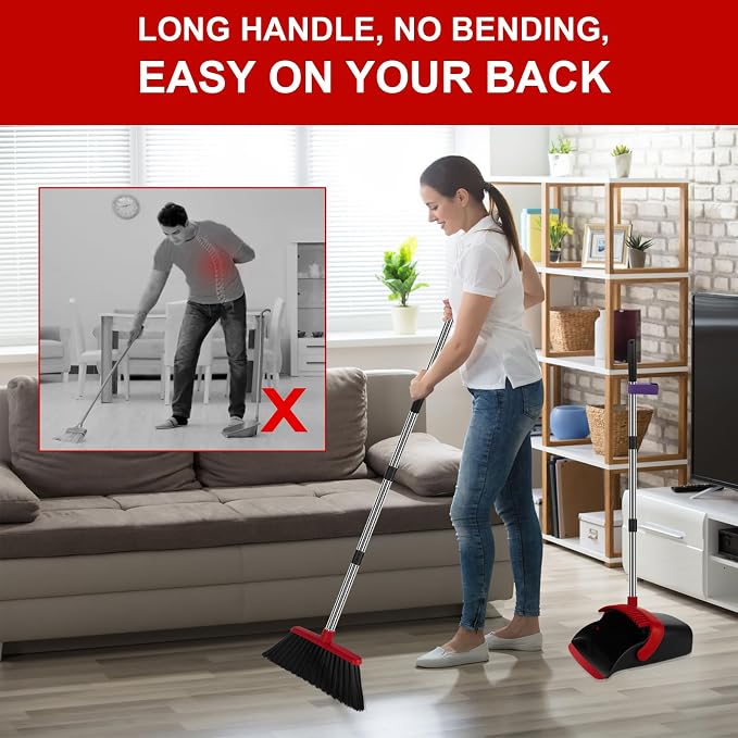 Red Broom and Dustpan Combo Set, 55" Long Handle Broom | Large Area Outdoor Cleaning, Extended Reach Design, Built-in Comb Dustpan, Foldable Storage for Garage, Patio & Home