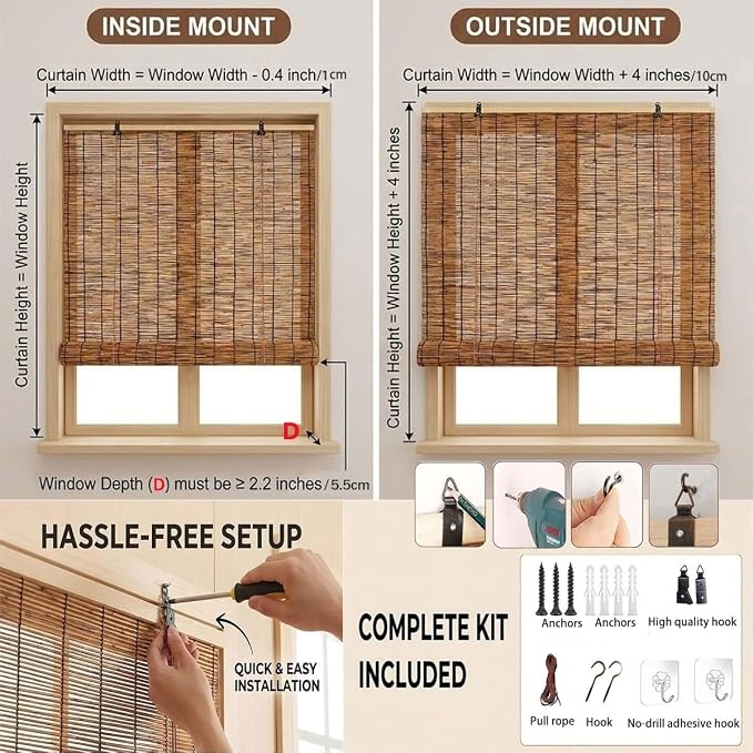 Bamboo Shades for Outdoor Patio Privacy 48" 52" 58" 68" 72" 74" 76" 78" W Light Filtering Bamboo Blinds Outdoor Roll up Shades for Porch Cordless Natural Blackout Bamboo Roller Blinds(26" W x 48" H)