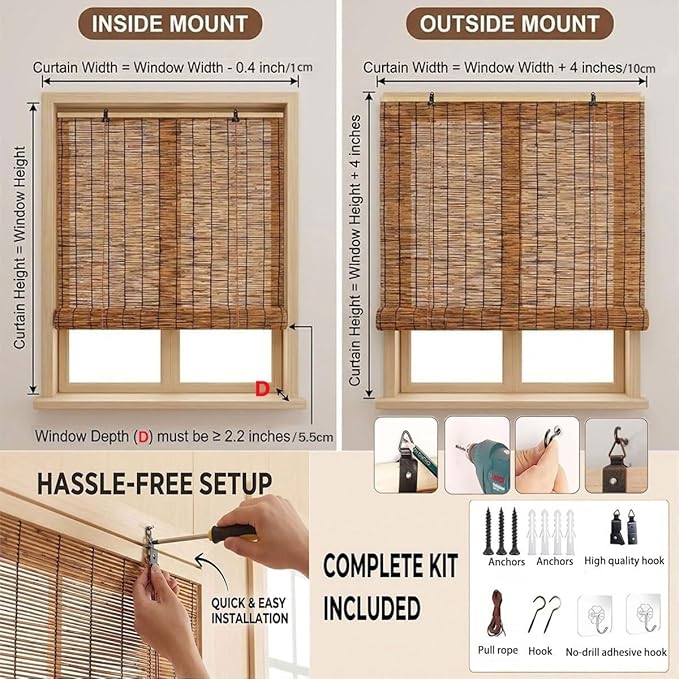 Bamboo Shades for Outdoor Patio Privacy 48" 52" 58" 68" 72" 74" 76" 78" W Light Filtering Bamboo Blinds Outdoor Roll up Shades for Porch Cordless Natural Blackout Bamboo Roller Blinds(54" W x 72" H)