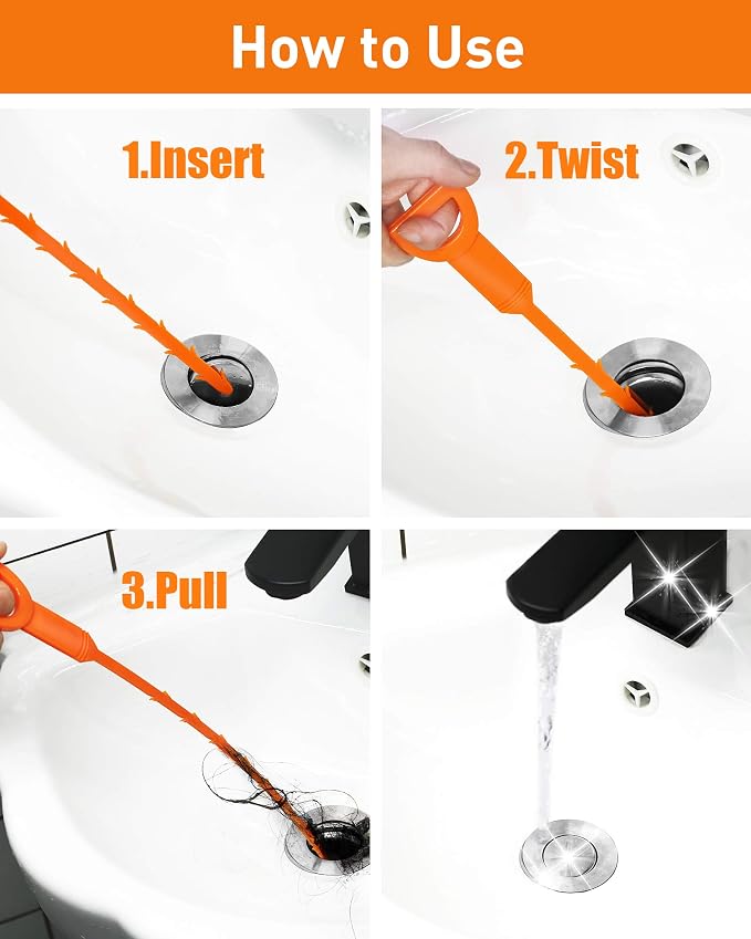 6 Pack 25 Inch Drain Snake Hair Clog Remover Tool, Flexible Sink Drain Cleaner for Shower, Bathtub, Bathroom Sink and Kitchen Sink, Reusable Drain Cleaning Tool for Hair Blockage Removal