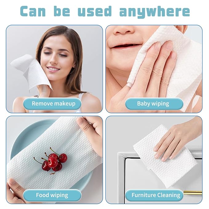 100 Count Disposable Face Towel, Biodegradable Facial Dry Wipes, Super Soft & Thick Face Cloth, Lint-Free Face Towelettes for Sensitive Skincare, Makeup Remover Dry Wipes, Facial Cleansing (2 Pack)