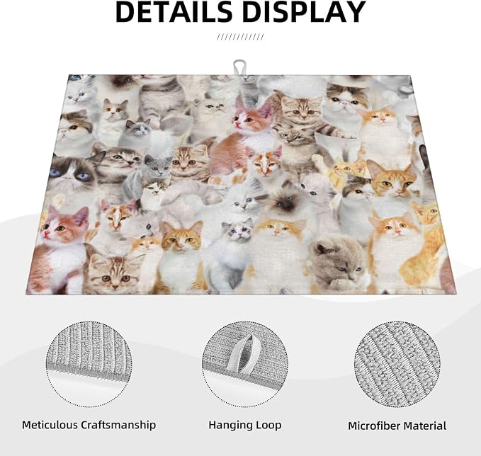 Cute Cat Dish Drying Mat 18 x 24 Inch for Kitchen Counter Cute Kitchen Mat Microfiber Kitchen Countertop Absorbent Reversible Drainer Rack Pad Dish Drying Mat