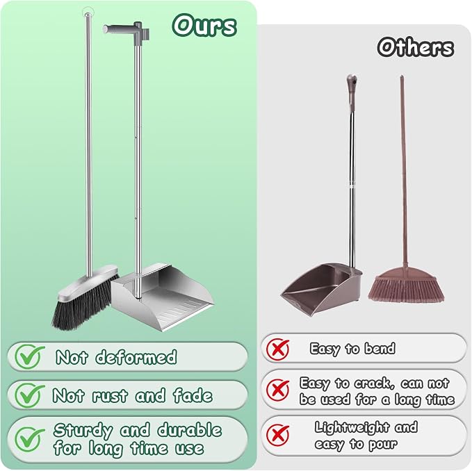 Dustpan with Broom Set,Long Handle Stainless Steel Dustpan and Broom Combo | Heavy Duty Metal Standing Dust Pan with Teeth & Soft Bristles Broom,Indoor Outdoor Dust Pan Broom for Home Office Lobby Floor